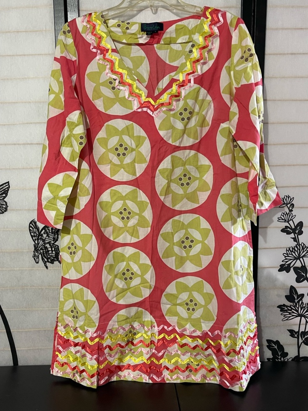 Boden tunic Dress Beach Swim Coverup 3/4 sleeve 14 Rick Rack Notched Sides Coral